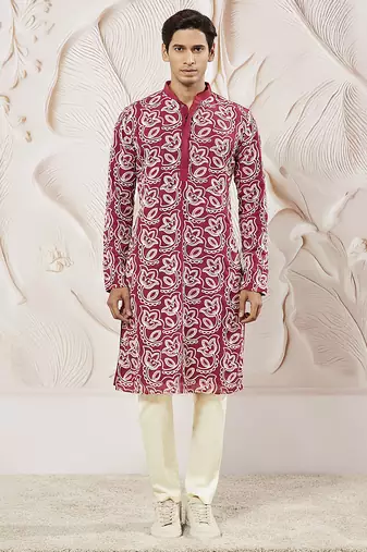 maroon embroidered fox georgette kurta pyjama set | festive party wear