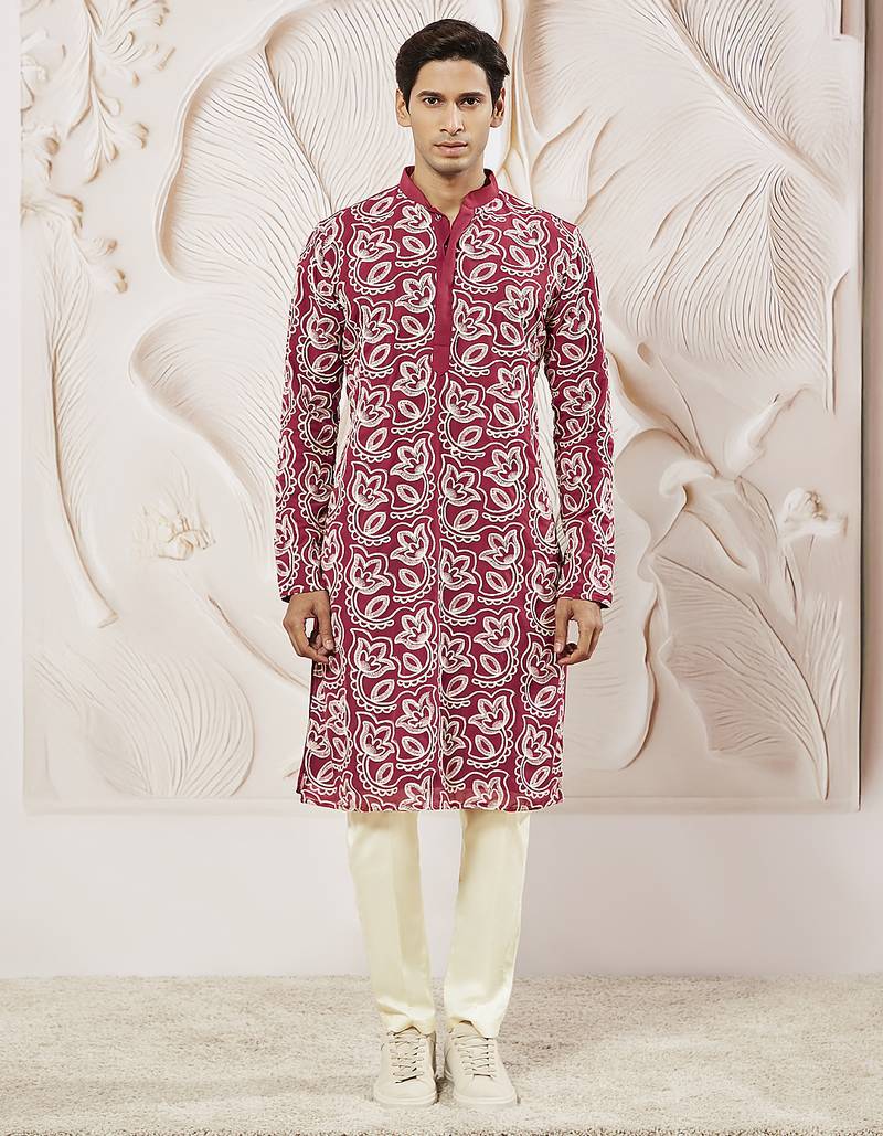 maroon embroidered fox georgette kurta pyjama set | festive party wear