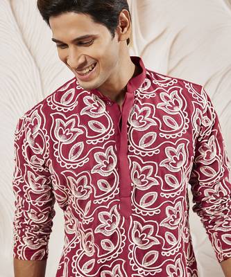 maroon embroidered fox georgette kurta pyjama set | festive party wear 3