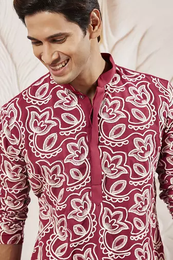 maroon embroidered fox georgette kurta pyjama set | festive party wear