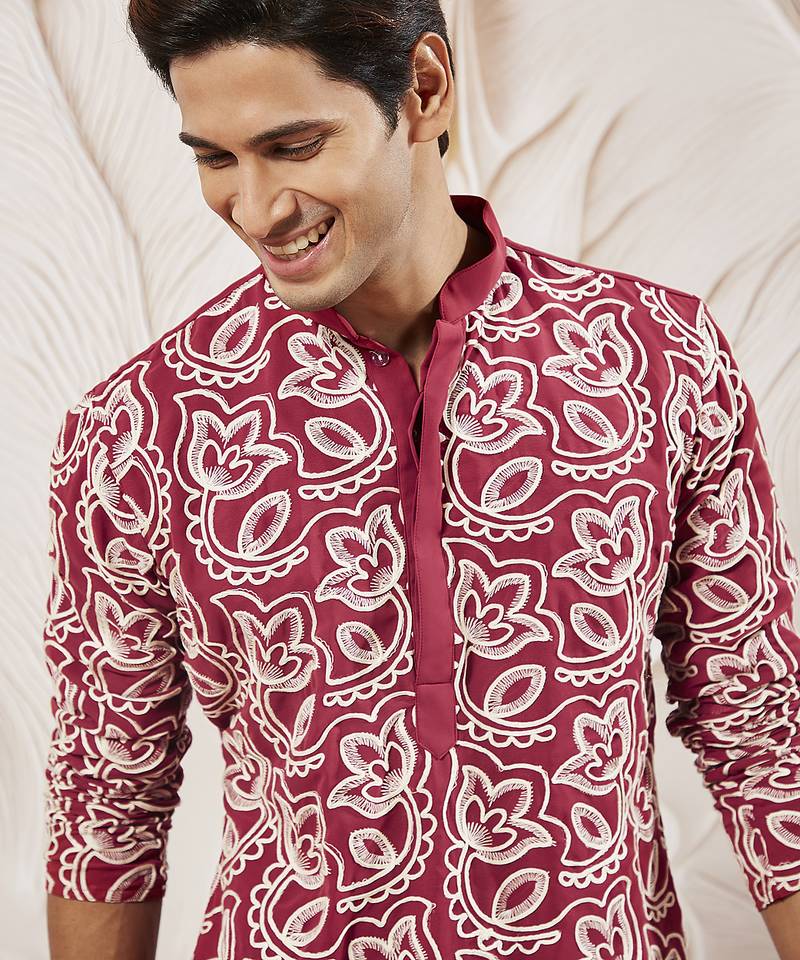 maroon embroidered fox georgette kurta pyjama set | festive party wear