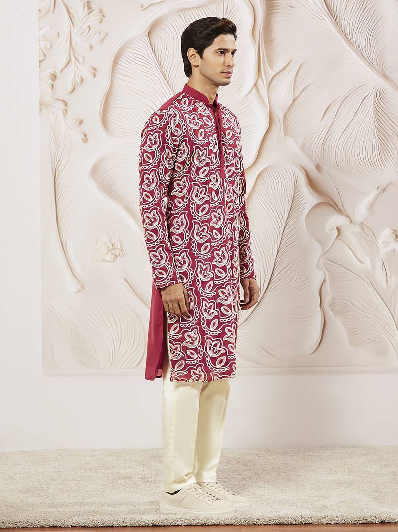 maroon embroidered fox georgette kurta pyjama set | festive party wear
