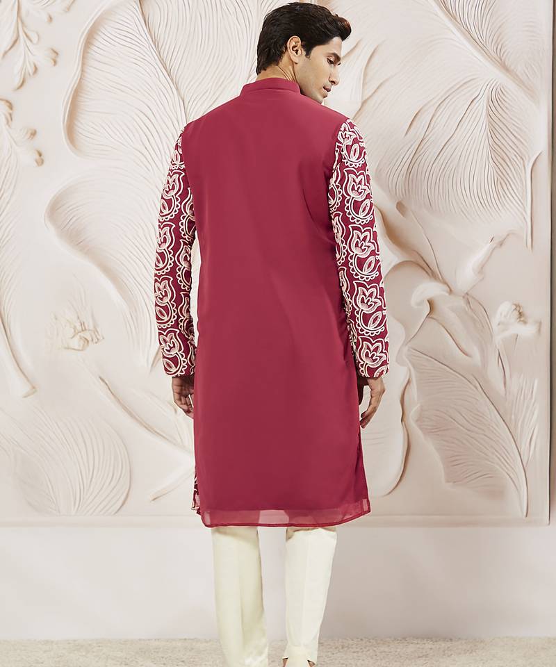 maroon embroidered fox georgette kurta pyjama set | festive party wear