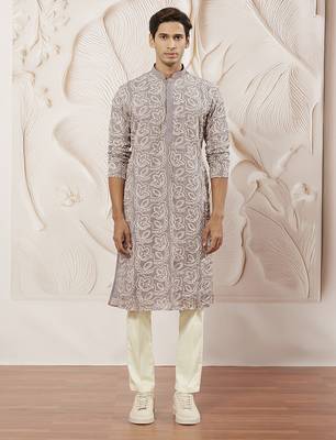 lavender embroidered fox georgette kurta pyjama set | festive party wear 1