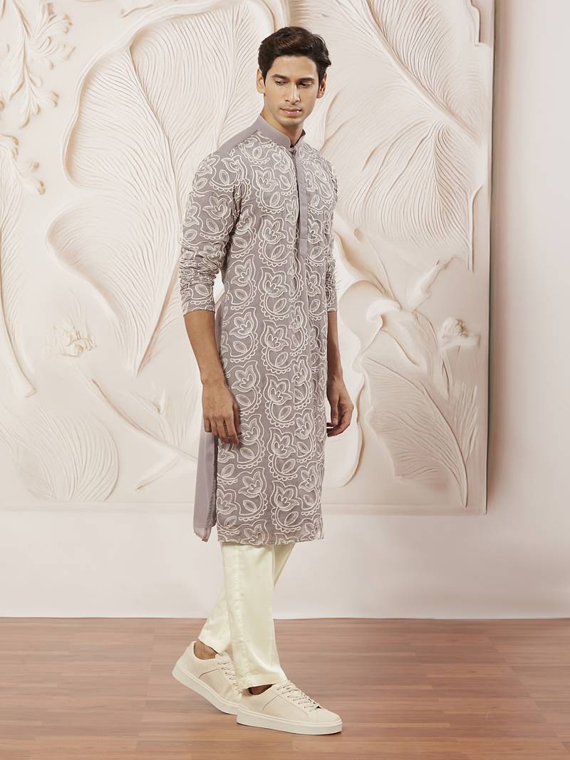 lavender embroidered fox georgette kurta pyjama set | festive party wear