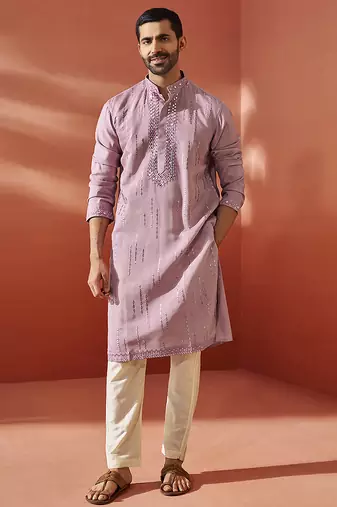 onion fendi silk mirror work embroidered kurta with cream satin pyjama | wedding