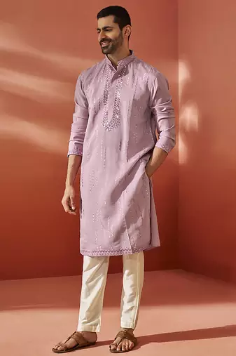 onion fendi silk mirror work embroidered kurta with cream satin pyjama | wedding