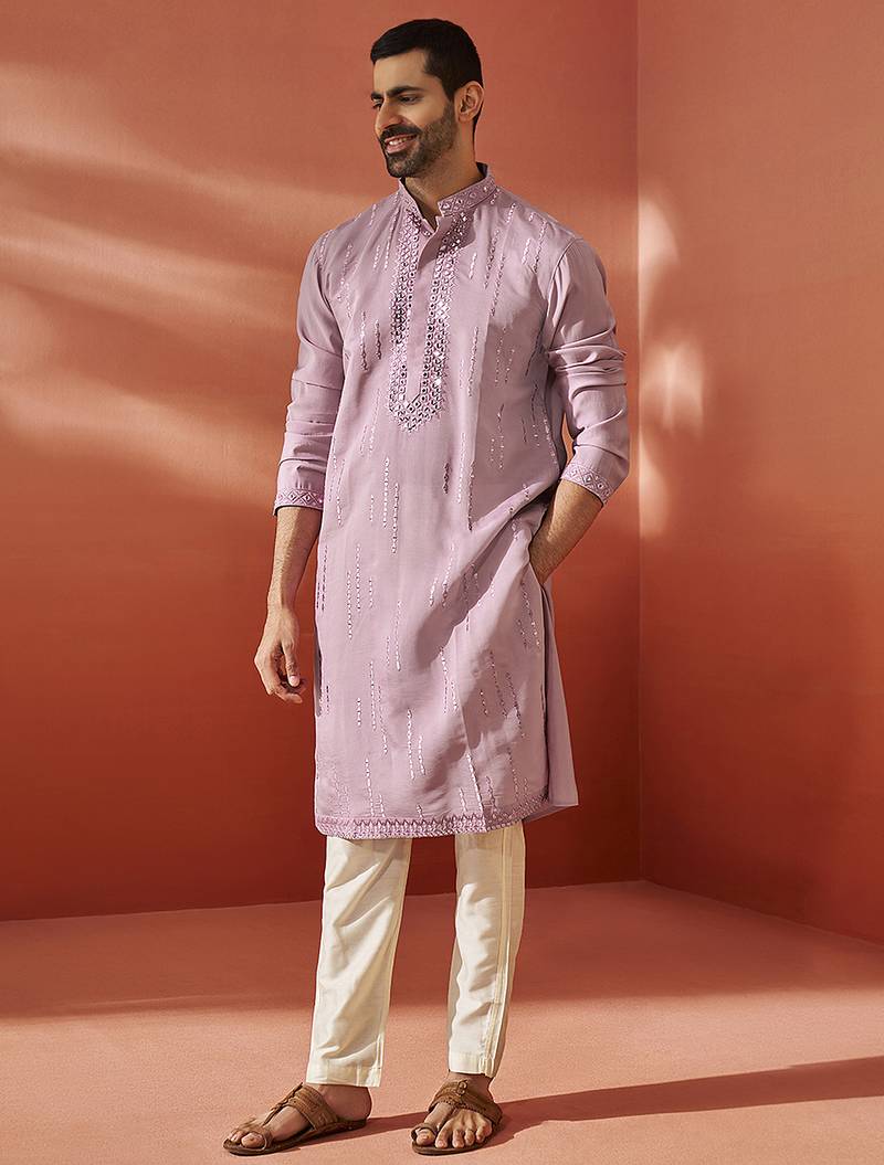onion fendi silk mirror work embroidered kurta with cream satin pyjama | wedding