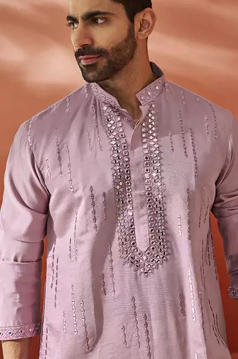 onion fendi silk mirror work embroidered kurta with cream satin pyjama | wedding