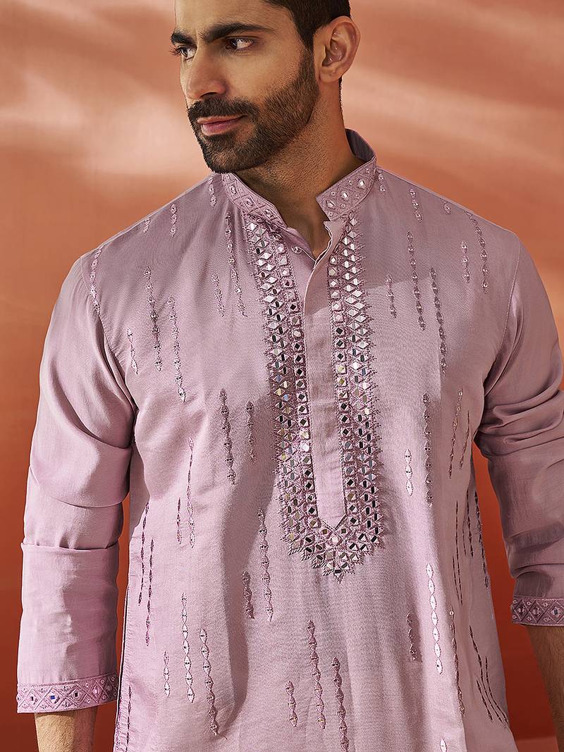 onion fendi silk mirror work embroidered kurta with cream satin pyjama | wedding