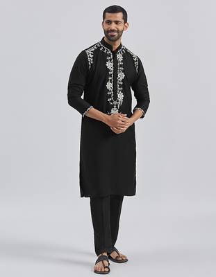 black hand embroidered viscose kurta pyjama set | wedding festive wear 1