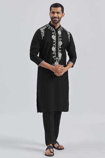 black hand embroidered viscose kurta pyjama set | wedding festive wear