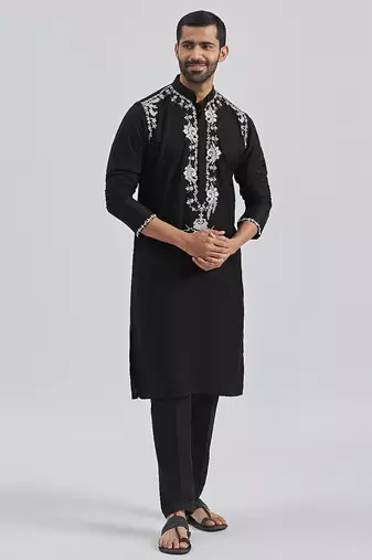 black hand embroidered viscose kurta pyjama set | wedding festive wear