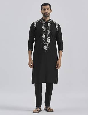 black hand embroidered viscose kurta pyjama set | wedding festive wear 2