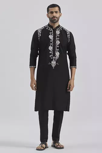 black hand embroidered viscose kurta pyjama set | wedding festive wear