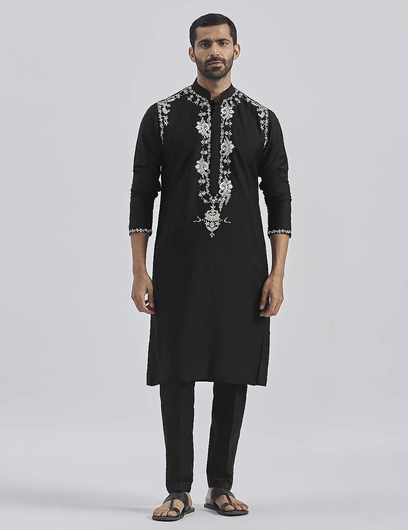 black hand embroidered viscose kurta pyjama set | wedding festive wear