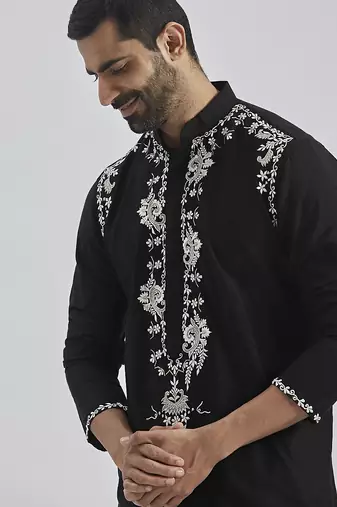black hand embroidered viscose kurta pyjama set | wedding festive wear