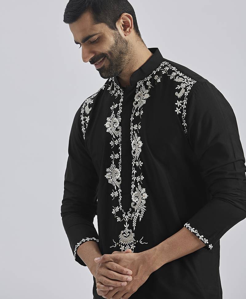 black hand embroidered viscose kurta pyjama set | wedding festive wear