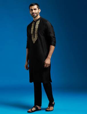 black viscose hand embroidered floral kurta with satin pyjama | festive wedding 1