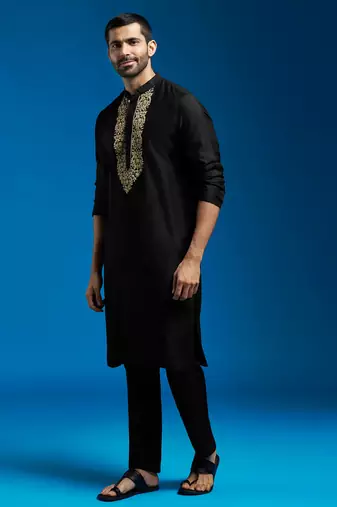 black viscose hand embroidered floral kurta with satin pyjama | festive wedding