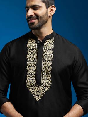 black viscose hand embroidered floral kurta with satin pyjama | festive wedding 2