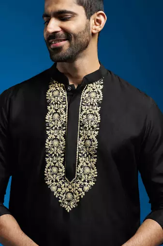 black viscose hand embroidered floral kurta with satin pyjama | festive wedding