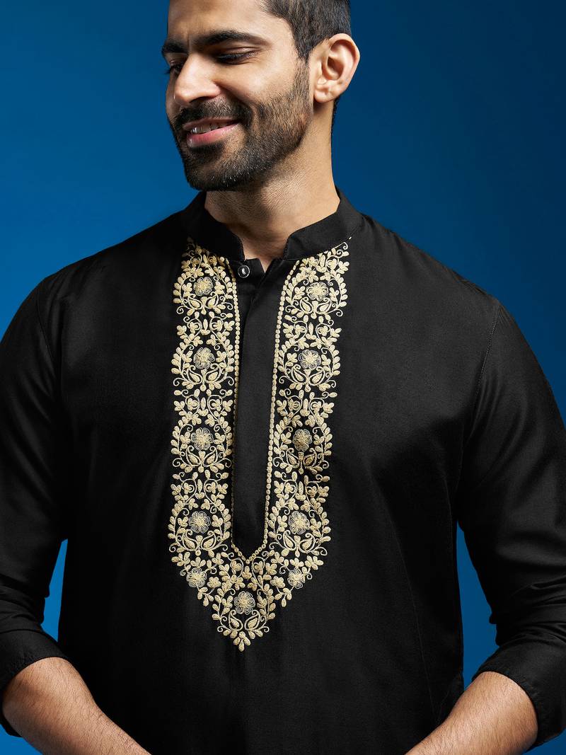 black viscose hand embroidered floral kurta with satin pyjama | festive wedding