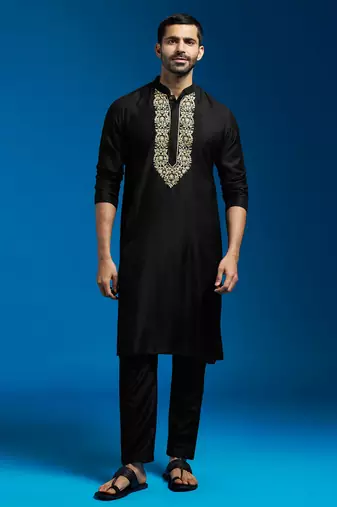 black viscose hand embroidered floral kurta with satin pyjama | festive wedding