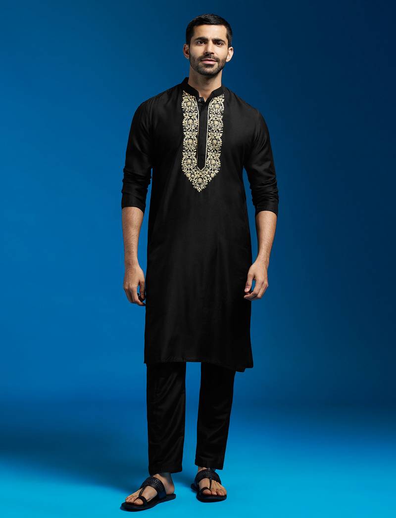 black viscose hand embroidered floral kurta with satin pyjama | festive wedding