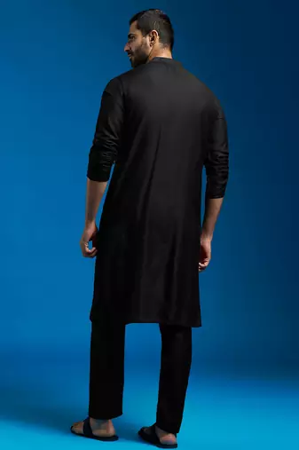 black viscose hand embroidered floral kurta with satin pyjama | festive wedding