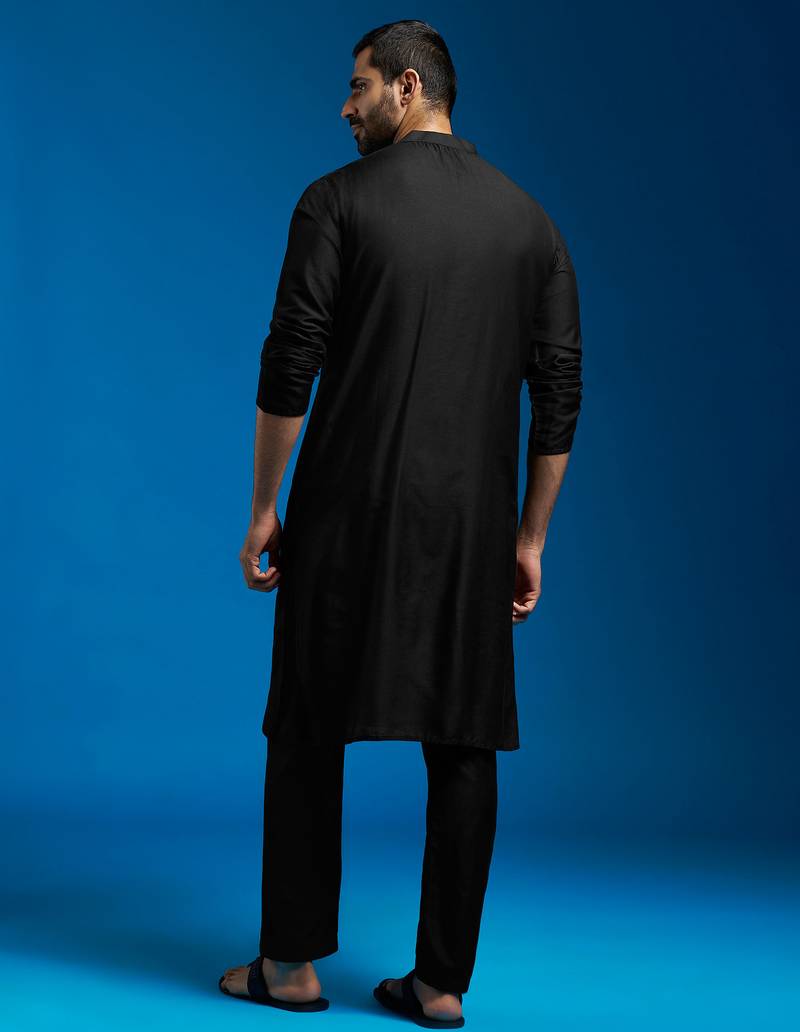 black viscose hand embroidered floral kurta with satin pyjama | festive wedding