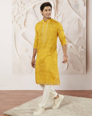 yellow embroidered fendi silk kurta pyjama set | wedding festive wear 1