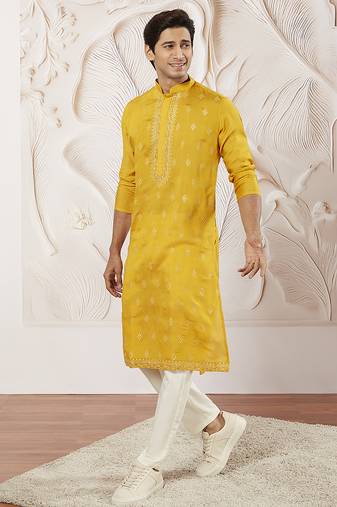 yellow embroidered fendi silk kurta pyjama set | wedding festive wear