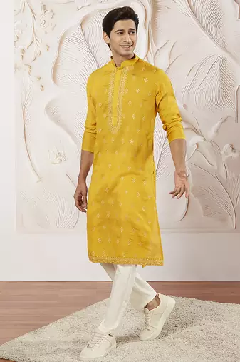 yellow embroidered fendi silk kurta pyjama set | wedding festive wear