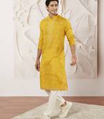 yellow embroidered fendi silk kurta pyjama set | wedding festive wear