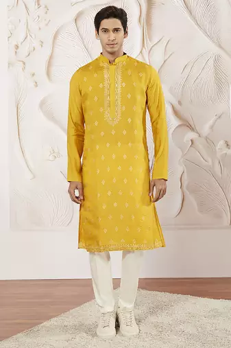 yellow embroidered fendi silk kurta pyjama set | wedding festive wear