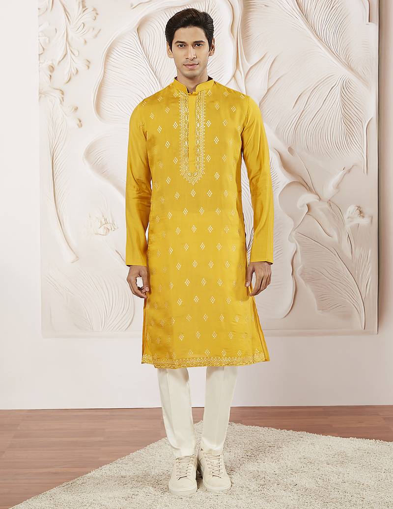 yellow embroidered fendi silk kurta pyjama set | wedding festive wear