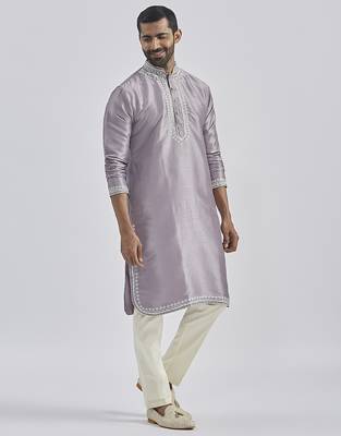 purple hand embroidered silk blend kurta pyjama set | wedding festive wear 1