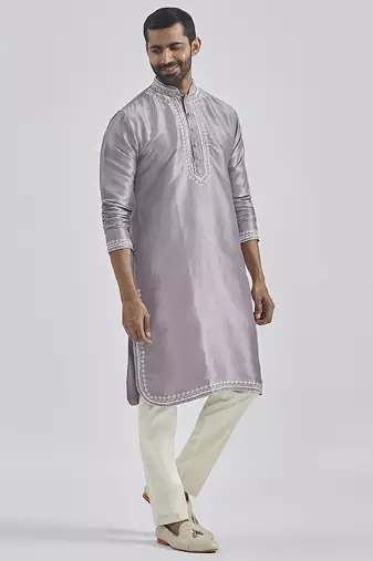 purple hand embroidered silk blend kurta pyjama set | wedding festive wear