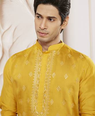 yellow embroidered fendi silk kurta pyjama set | wedding festive wear 3