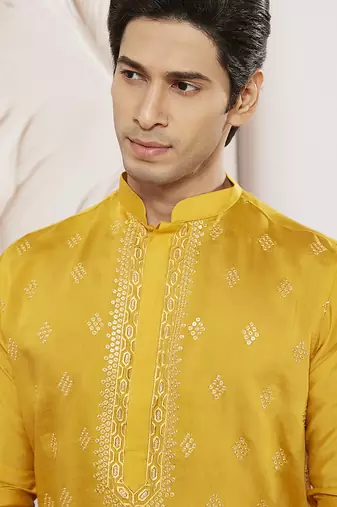 yellow embroidered fendi silk kurta pyjama set | wedding festive wear