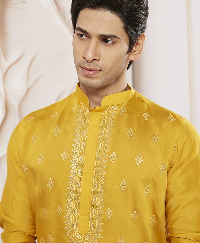 yellow embroidered fendi silk kurta pyjama set | wedding festive wear