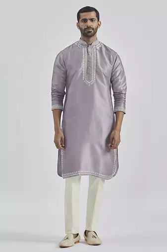 purple hand embroidered silk blend kurta pyjama set | wedding festive wear