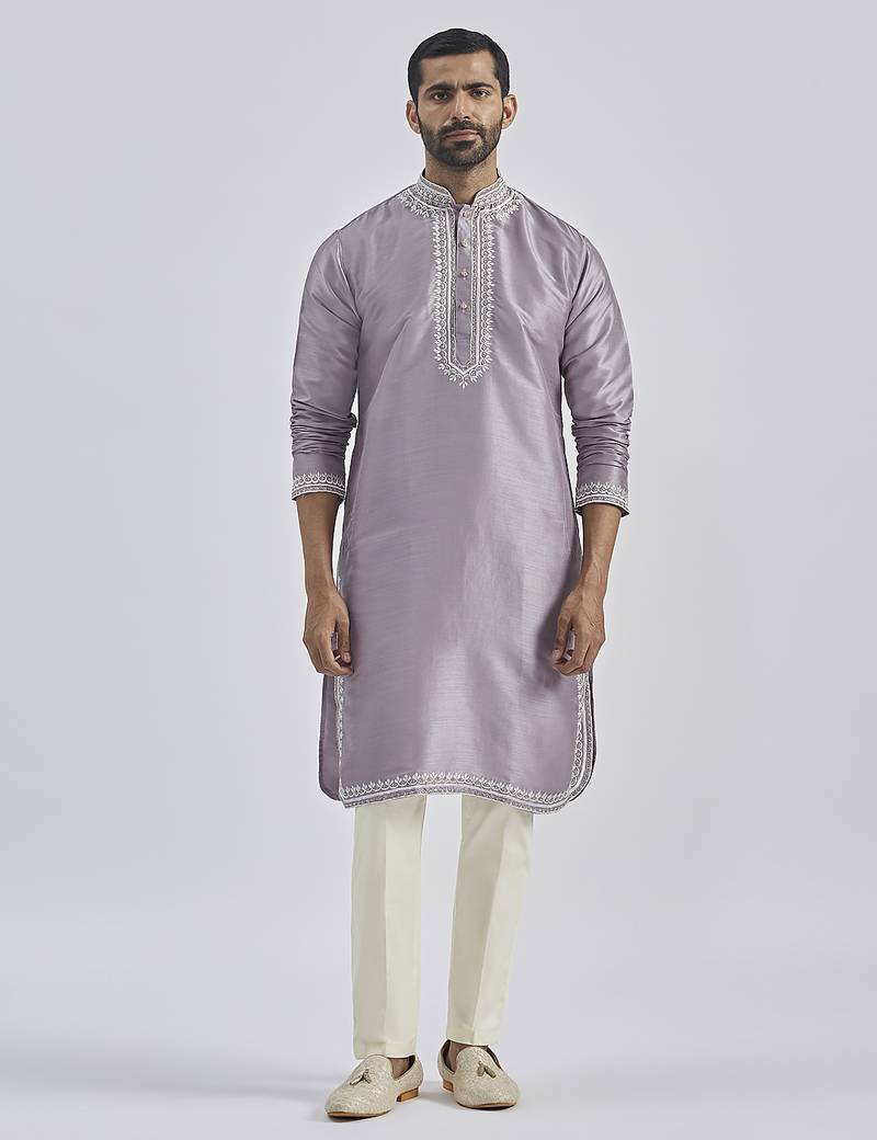 purple hand embroidered silk blend kurta pyjama set | wedding festive wear