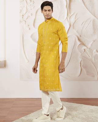 yellow embroidered fendi silk kurta pyjama set | wedding festive wear 4