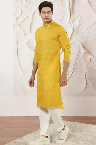 yellow embroidered fendi silk kurta pyjama set | wedding festive wear