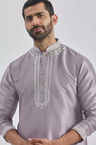 purple hand embroidered silk blend kurta pyjama set | wedding festive wear