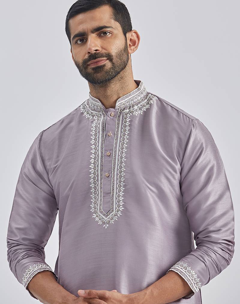 purple hand embroidered silk blend kurta pyjama set | wedding festive wear