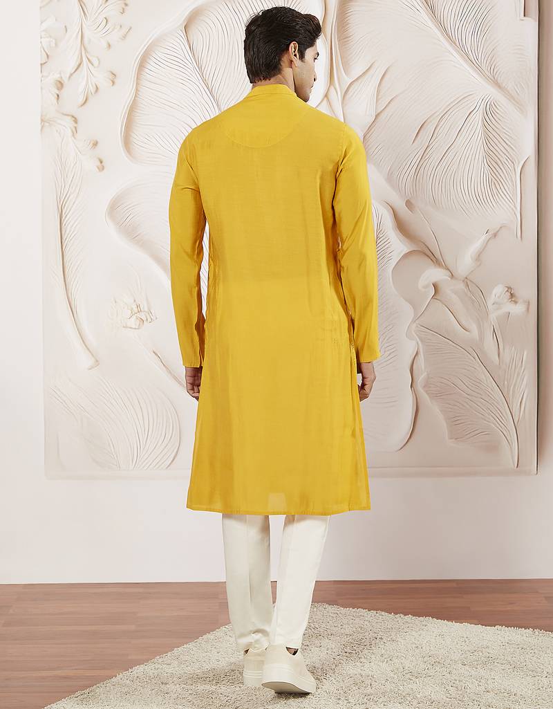 yellow embroidered fendi silk kurta pyjama set | wedding festive wear