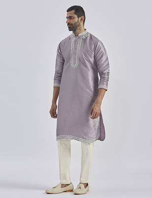purple hand embroidered silk blend kurta pyjama set | wedding festive wear 4